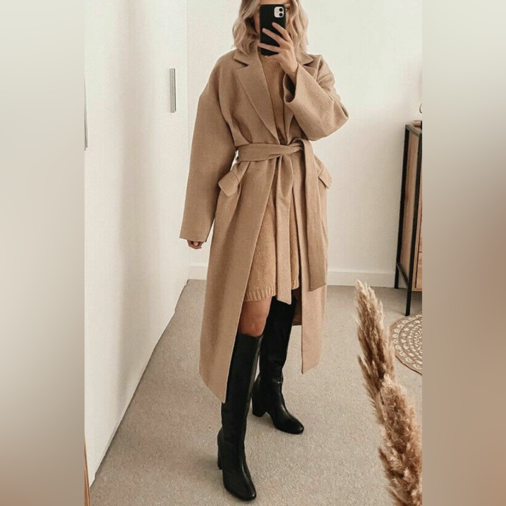 Zara Limited Edition Belted Wool Long Coat Taupe Brown NWT